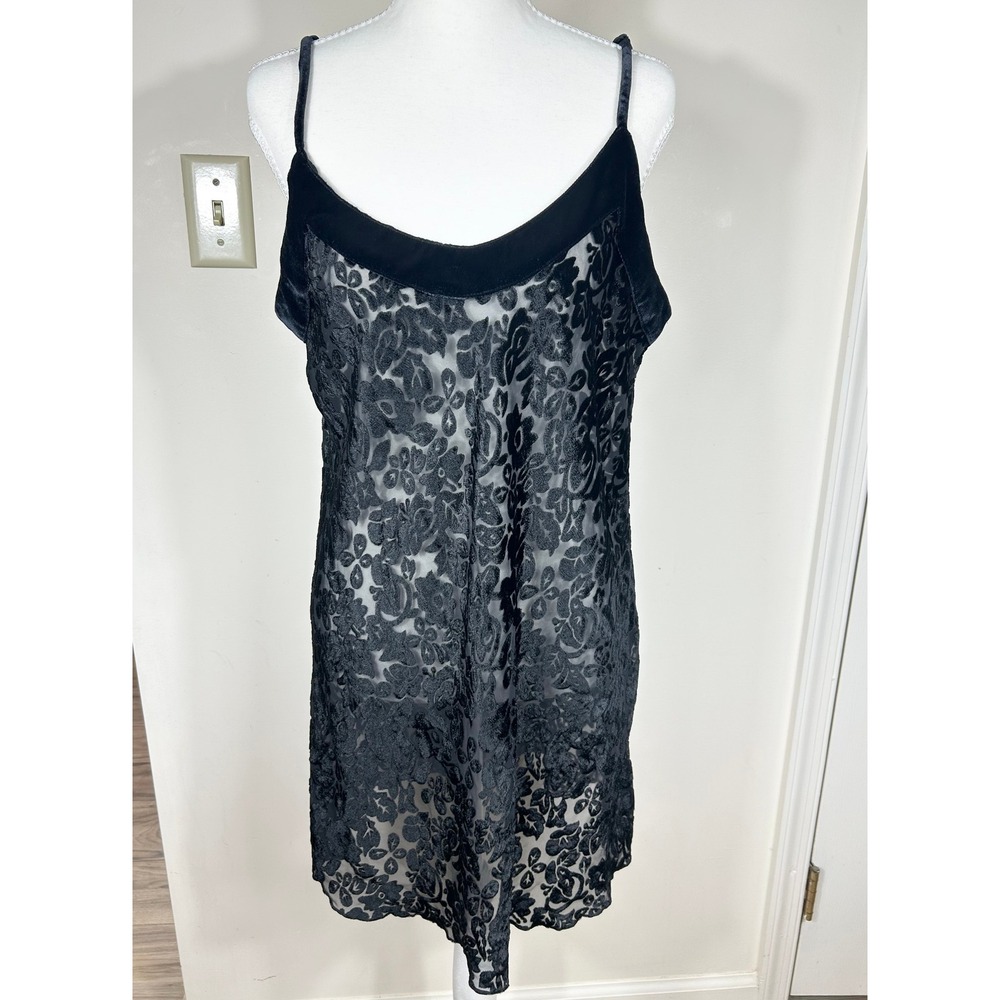 VTG Victoria's Secret Black Velvet Burnout Nightie Slip Sheer Chemise Low Back L